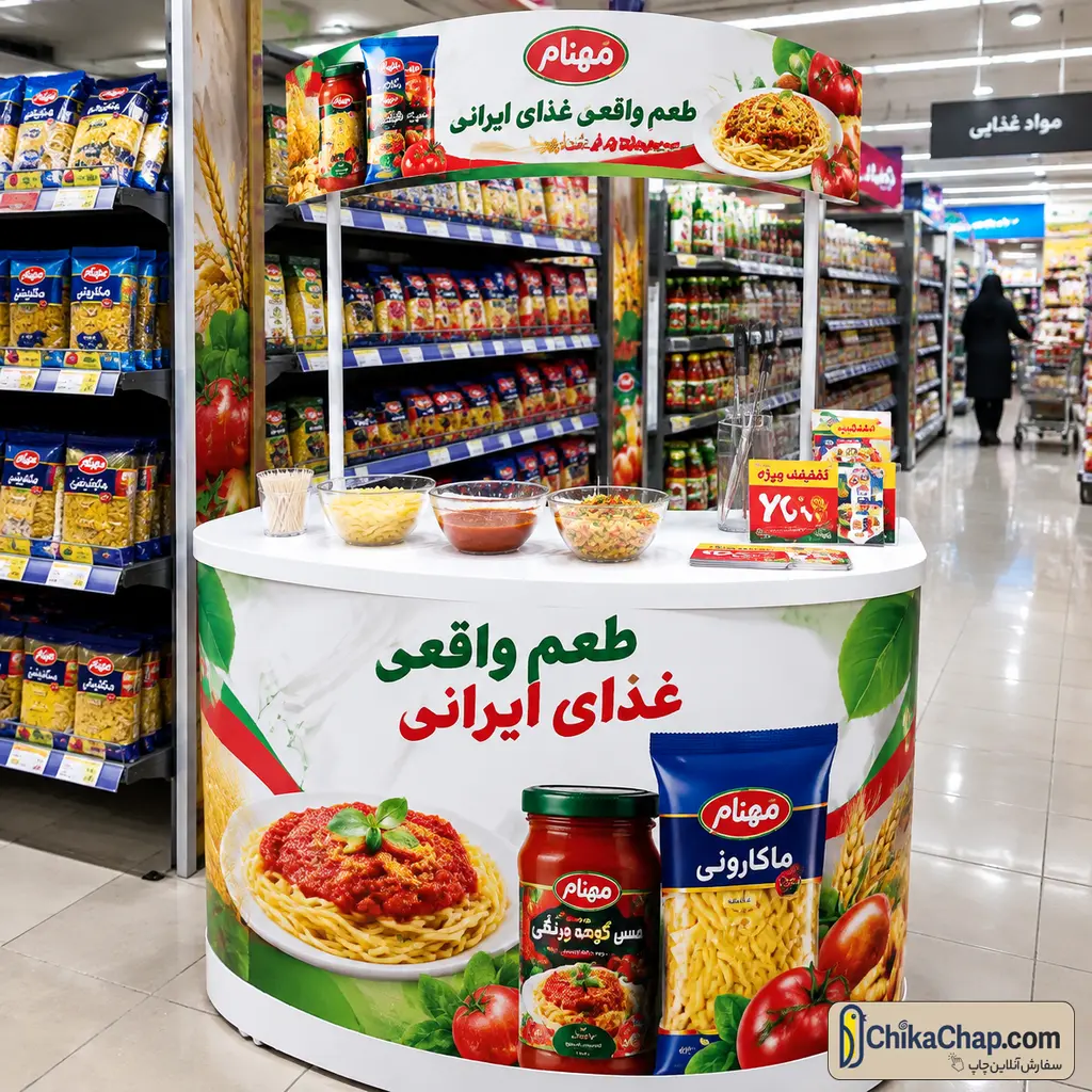 میز سمپلر و تست غذای هایپرمارکتی با روکش پی وی سی قابل شستشو چاپ چیکاچاپ